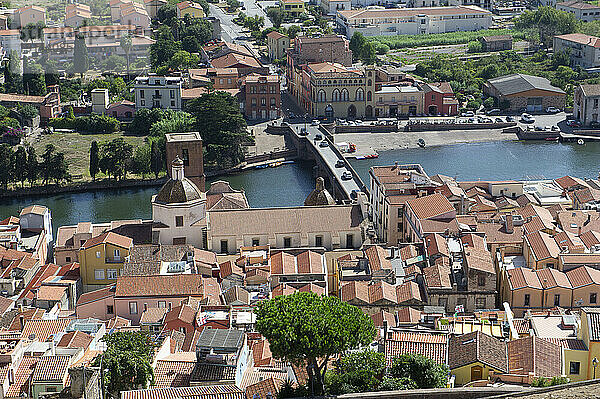 Europe  Italy  Sardinia  Oristano  view of Bosa the beautiful village with colored houses and the medieval Malaspina castle. View of the city with the navigable river Temo.