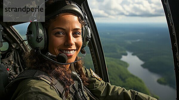 Weiblicher afroamerikanischer Militärhubschrauberpilot im Cockpit  generative AI