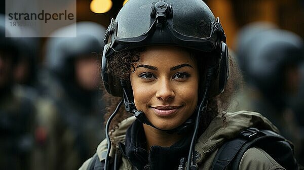 Weiblicher afroamerikanischer Militärhubschrauberpilot in der Nähe ihres Flugzeugs  generative AI