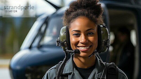 Weiblicher afroamerikanischer Militärhubschrauberpilot in der Nähe ihres Flugzeugs  generative AI