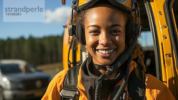 Weiblicher afroamerikanischer Such und Rettungshubschrauberpilot in der Nähe seines Flugzeugs  generative AI