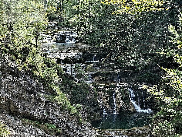 Der Fischbach mit Wasserfällen  Bergbach beim Heutal in Unken  Langzeitbelichtung  Salzburger Land  Österreich  Europa