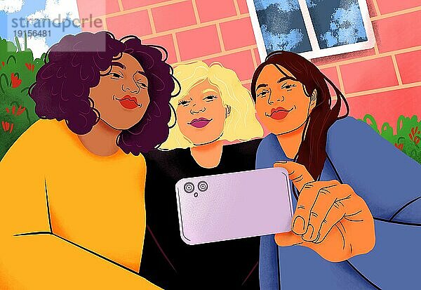 Illustration einer glücklichen jungen Frauen Freunde nehmen Selfie auf vorderen stoop