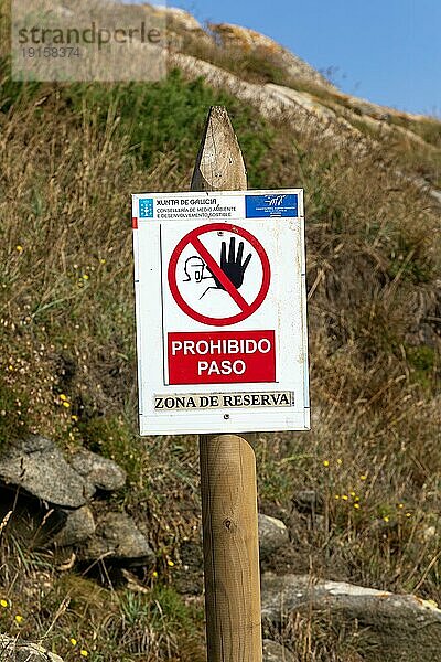 Schild Schutzgebiet Zone de Reserva  Cies Inseln  Atlantikinseln terrestrischer Meeres Nationalpark Galicien