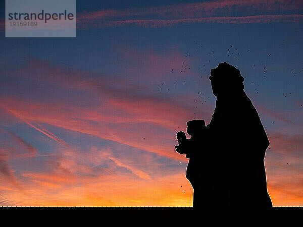 Silhouette im Abendrot  Statue von Kardinal Carolus Borromäus  italienischer Heiliger  Karl  Alte Mainbrücke  Skulptur  Würzburg  Unterfranken  Franken  Bayern  Deutschland  Europa