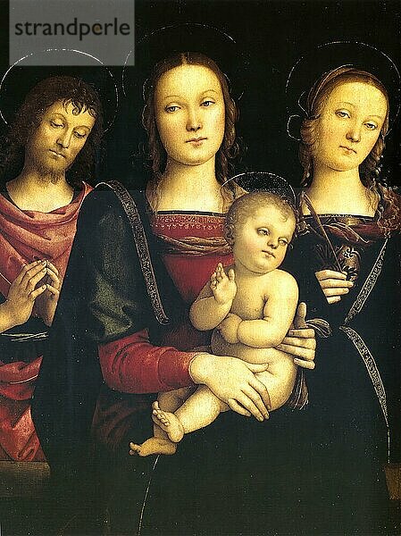 Madonna mit Kind zwischen Johannes dem Täufer und der heiligen Katharina von Alexandrien  Gemälde von Pietro Perugino  digital restaurierte Reproduktion von einer Vorlage aus der damaligen Zeit