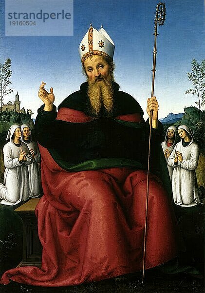 Der heilige Augustinus mit Mitgliedern der Bruderschaft von Perugia  Augustinus von Hippo  Gemälde von Pietro Perugino  digital restaurierte Reproduktion von einer Vorlage aus der damaligen Zeit