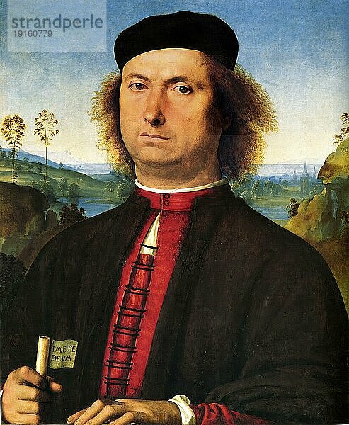 Das Porträt von Francesco delle Opere  ein Ölgemälde von Pietro Vannucci  bekannt als Perugino  datiert auf das Jahr 1494 in den Uffizien in Florenz  digital restaurierte Reproduktion von einer Vorlage aus der damaligen Zeit