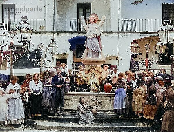 Menschengruppe an einem Brunnen in Amalfi  um 1870  Italien  Historisch  digital restaurierte Reproduktion eines Fotos von Giorgio Sommer  koloriert  Europa