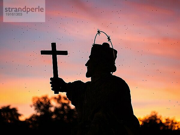 Silhouette im Abendrot  Der Brückenheilige Johannes von Nepomuk  alte Mainbrücke  Würzburg  Bayern  Deutschland  Europa