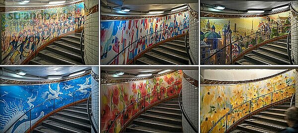 Mehrstöckige Treppenaufgänge in der Métro-Station Abbesses kreativ mit Malereien gestaltet  Paris  Frankreich  Europa