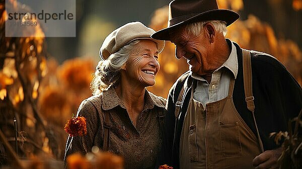 Ein liebevolles älteres Paar  das den Herbst auf dem Bauernhof genießt  generative AI