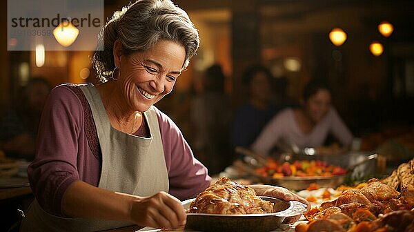 Fröhliche ältere Frau mit Schürze  die in der Küche ihr saisonales Essen zubereitet  generative KI