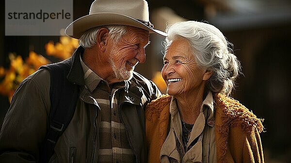 Ein liebevolles älteres Paar  das den Herbst auf dem Bauernhof genießt  generative AI