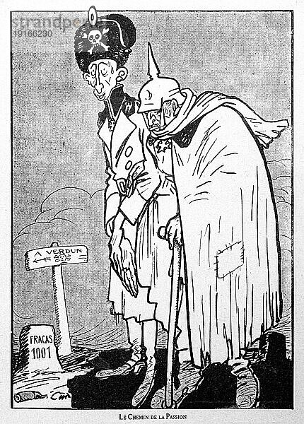 Le Chemin de la Passion  Karikatur aus dem Ersten Weltkrieg  die den deutschen Kronprinzen Wilhelm von Preußen und Kaiser Wilhelm II. auf dem Weg zum Schlachtfeld von Verdun zeigt