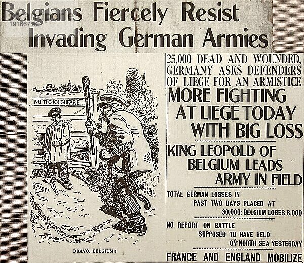 WWI Zeitungsartikel mit Karikatur in einer englischen Zeitung  die über die Front des Ersten Weltkriegs in Belgien berichtet