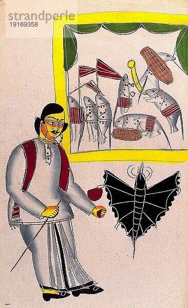 Illustration zu einem Sprichwort: der schäkernde Babu und die Moschusratte auf einer Party. Der elegant gekleidete Babu hält in der einen Hand eine Rose und in der anderen einen Spazierstock  was darauf hindeutet  dass er sich auf den Weg zu einer Kurtisane macht. Die übertriebene schwarze Motte oder Fledermaus deutet darauf hin  dass seine Beziehung zwielichtig ist  1890  Ostindien  Bengalen  Kolkata  Tempel Kalighat  Historisch  digital restaurierte Reproduktion von einer Vorlage aus dem 19. Jahrhunder
