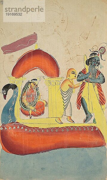 Krishna bringt Radha  in der hinduistischen Mythologie die ewige Gefährtin  Shakti und Geliebte Krishnas  über den Yamuna-Fluss  c. 1890  Ostindien  Bengalen  Kolkata  Tempel Kalighat  Historisch  digital restaurierte Reproduktion von einer Vorlage aus dem 19. Jahrhundert
