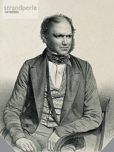 Charles Robert Darwin (12. Februar 1809 bis 19. April 1882) war ein britischer Naturforscher. Er gilt wegen seiner Beiträge zur Evolutionstheorie als einer der bedeutendsten Naturwissenschaftler  Historisch  digital restaurierte Reproduktion einer Vorlage der damaligen Zeit