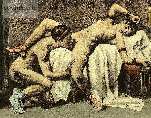 Paar beim Sex  Oralsex  Erotische Illustration von Edouard-Henri Avril (21. Mai 1849 bis 1928)  ein französischer Maler und Grafiker  unter dem Namen Paul Avril wurde er als Illustrator erotischer bis pornografischer Romane bekannt  Historisch  digital restaurierte Reproduktion von einer Vorlage aus dem 19. Jahrhundert