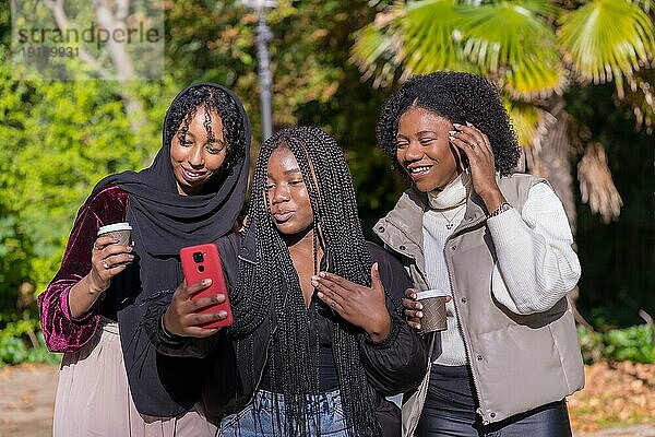 Afrikanische junge Frauen und ein muslimischer Freund machen ein Selfie in einem Park