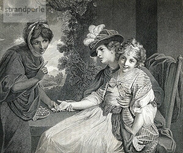 Eine Wahrsagerin liest einer Frau mit einem kleinen Mädchen auf dem Schoß aus der Hand  1786  England  Historisch  digital restaurierte Reproduktion einer Vorlage der damaligen Zeit