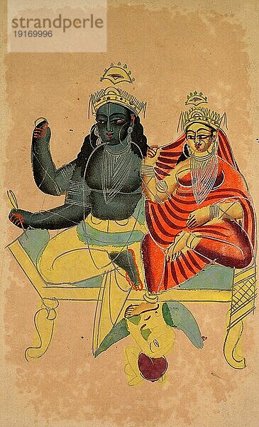 Vishnu  eine der wichtigsten Formen des Göttlichen im Hinduismus  und Lakshmi  die hinduistische Göttin des Glücks  der Liebe  der Fruchtbarkeit  des Wohlstandes  c. 1890  Ostindien  Bengalen  Kolkata  Tempel Kalighat  Historisch  digital restaurierte Reproduktion von einer Vorlage aus dem 19. Jahrhundert