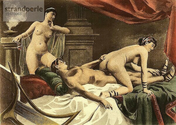 Drei Frauen beim Sex  lesbisch  Lesben  Erotische Illustration von Edouard-Henri Avril (21. Mai 1849 bis 1928)  ein französischer Maler und Grafiker  unter dem Namen Paul Avril wurde er als Illustrator erotischer bis pornografischer Romane bekannt  Historisch  digital restaurierte Reproduktion von einer Vorlage aus dem 19. Jahrhundert