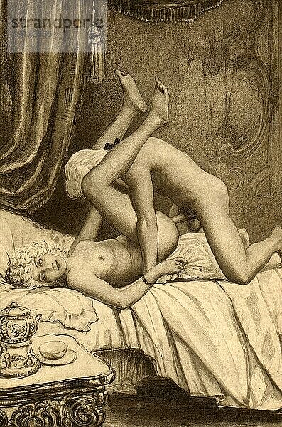 Paar beim Sex im Bett  Erotische Illustration von Edouard-Henri Avril (21. Mai 1849 bis 1928)  ein französischer Maler und Grafiker  unter dem Namen Paul Avril wurde er als Illustrator erotischer bis pornografischer Romane bekannt  Historisch  digital restaurierte Reproduktion von einer Vorlage aus dem 19. Jahrhundert