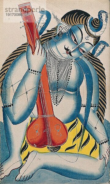 Ein berauschter Shiva  der eine Sitar oder Tambura in Form eines Lingam hält. Wie alle Hindu-Gottheiten hat Shiva viele Erscheinungsformen  er kann in einem Aspekt gütig und in einem anderen grimmig sein. Der Lingam ist das heiligste Objekt im Zusammenhang mit der Verehrung von Shiva. Er steht für Shivas Schöpferkraft und seine Macht  die Kreativität zu kontrollieren  indem er die sexuelle Energie in spirituelle Energie umwandelt  1890  Ostindien  Bengalen  Kolkata  Tempel Kalighat  Historisch  digital