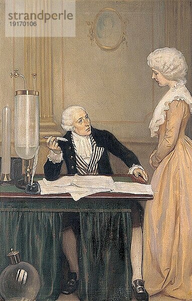Lavoisier erklärt seiner Frau das Ergebnis seiner Experimente mit Luft  Antoine Laurent de Lavoisier (26. August 1743) (8. Mai 1794) war ein französischer Chemiker und Naturwissenschaftler  Rechtsanwalt  Hauptzollpächter  Ökonom und Leiter der französischen Pulververwaltung  Historisch  digital restaurierte Reproduktion einer Vorlage der damaligen Zeit