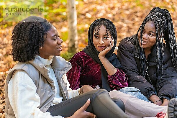 Drei multiethnische Studenten unterhalten sich entspannt in einem Park