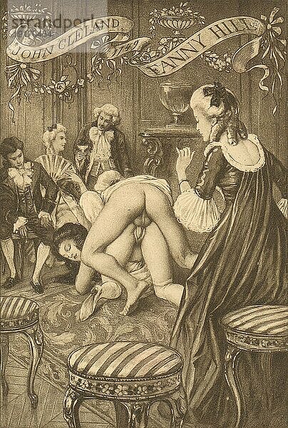 Paar beim Sex mit Zuschauern  John Cleland und Fanny Hill  Erotische Illustration von Edouard-Henri Avril (21. Mai 1849 bis 1928)  ein französischer Maler und Grafiker  unter dem Namen Paul Avril wurde er als Illustrator erotischer bis pornografischer Romane bekannt  Historisch  digital restaurierte Reproduktion von einer Vorlage aus dem 19. Jahrhundert