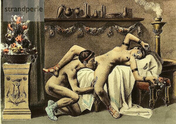 Mann und Frau beim Sex  Oralverkehr  Erotische Illustration von Edouard-Henri Avril (21. Mai 1849 bis 1928)  ein französischer Maler und Grafiker  unter dem Namen Paul Avril wurde er als Illustrator erotischer bis pornografischer Romane bekannt  Historisch  digital restaurierte Reproduktion von einer Vorlage aus dem 19. Jahrhundert