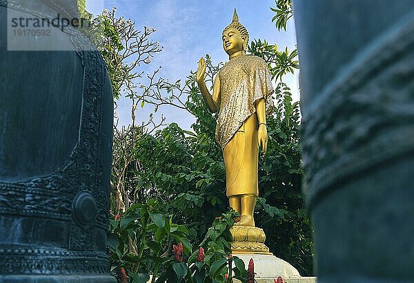 Vergoldete Statue des stehenden Buddha in Mönchskleidung und mit goldenem Stoff bedeckt  zwischen zwei Glocken und inmitten von Bäumen und Blumen aufgenommen. Rechte Hand in Adhaya Mudra Geste. Selektiver Fokus  unscharfer Vordergrund  Religion  Tradition  Gebet  Meditation