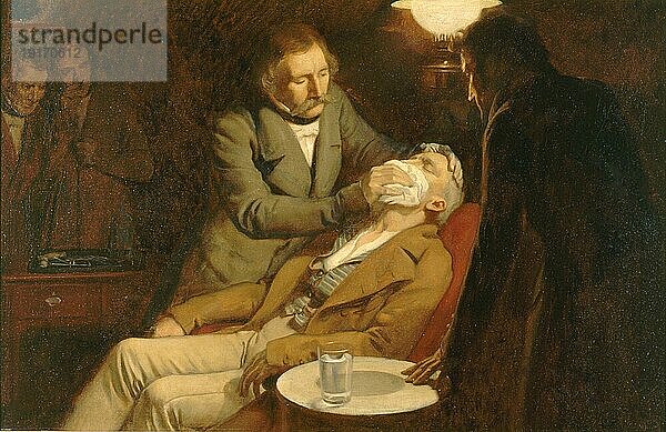 Zahnarzt  die erste Verwendung von Äther zur Betäubung in der Zahnchirurgie  1846  Historisch  digital restaurierte Reproduktion einer Vorlage der damaligen Zeit
