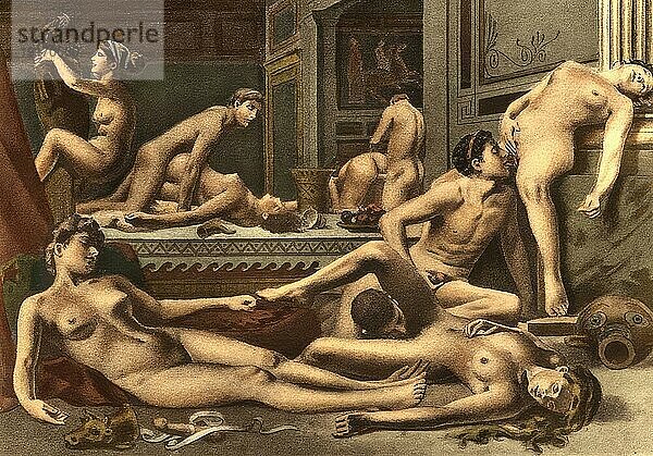 Männer und Frauen bei Gruppensex  Oralsex  Erotische Illustration von Edouard-Henri Avril (21. Mai 1849 bis 1928)  ein französischer Maler und Grafiker  unter dem Namen Paul Avril wurde er als Illustrator erotischer bis pornografischer Romane bekannt  Historisch  digital restaurierte Reproduktion von einer Vorlage aus dem 19. Jahrhundert