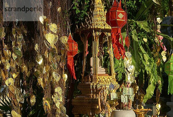 Traditioneller thailändischer Buddha Altar als Busabok mit Geld und Räucherstäbchenopfern  bunten Lanna Laternen. Bodhibaum mit goldenen Blättern mit Wünschen und Versprechen in vielen Sprachen. Selektiver Fokus  unscharfer Hintergrund. Goldener Berg  Bangkok  Thailand  Asien