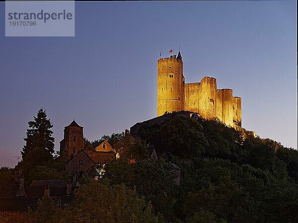 Burg auf Hügel  blaue Stunde  Najac  Frankreich  Europa