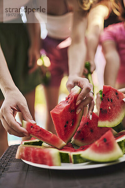 Hände von Freunden  die am Tisch Wassermelonenscheiben aufsammeln