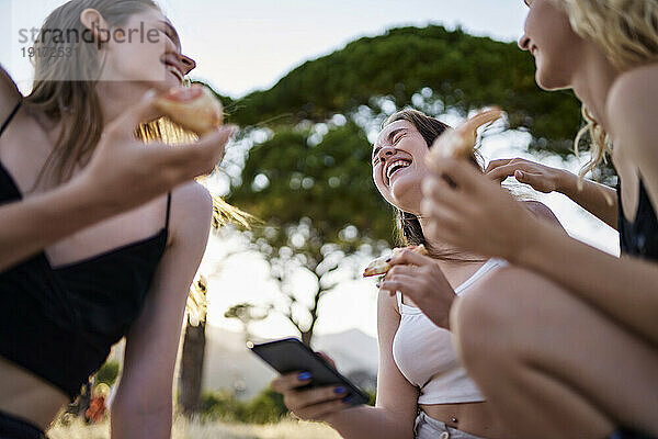 Lachende junge Freunde genießen Picknick im Park
