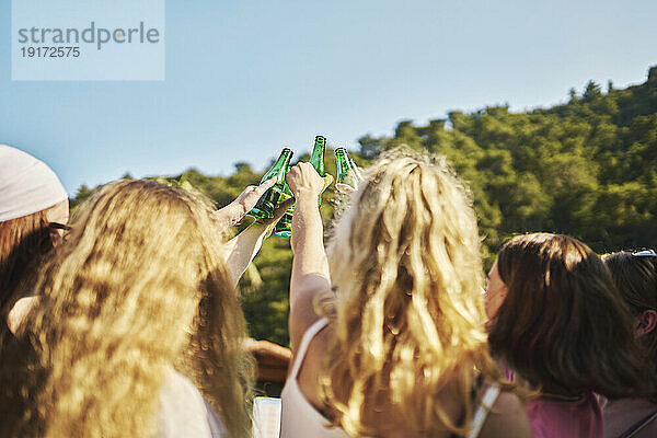 Freunde stoßen an einem sonnigen Tag auf Bärenflaschen