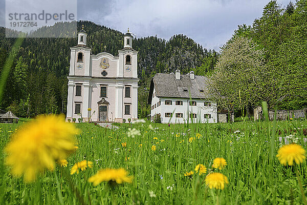 Maria Kirchental church near house in front of mountains