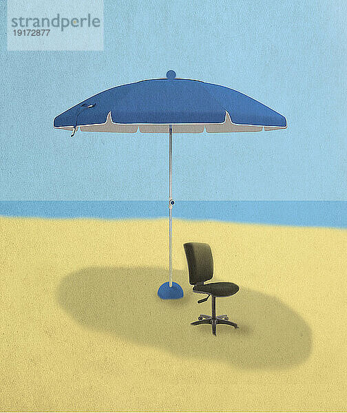 Illustration eines leeren Bürostuhls unter einem Sonnenschirm
