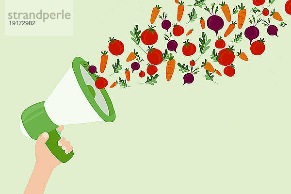 Illustration einer Hand  die ein Megaphon hält und rohes Gemüse ausspuckt