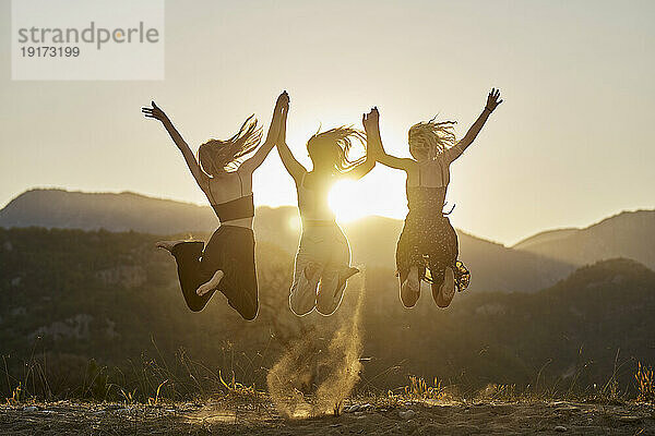 Fröhliche Freunde halten Händchen und springen bei Sonnenuntergang