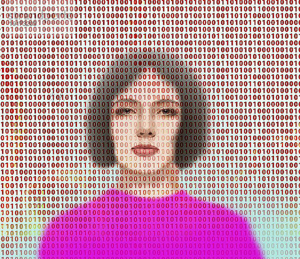 Illustration of young woman overlaid with binary code