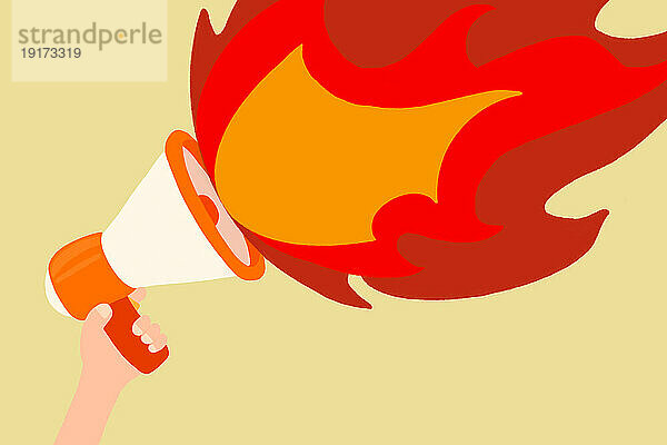 Illustration einer Hand  die ein Megaphon hält und Feuer spuckt