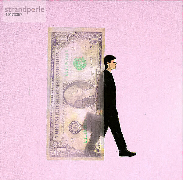 Illustration eines Geschäftsmannes  der hinter einem übergroßen Ein-Dollar-Schein läuft