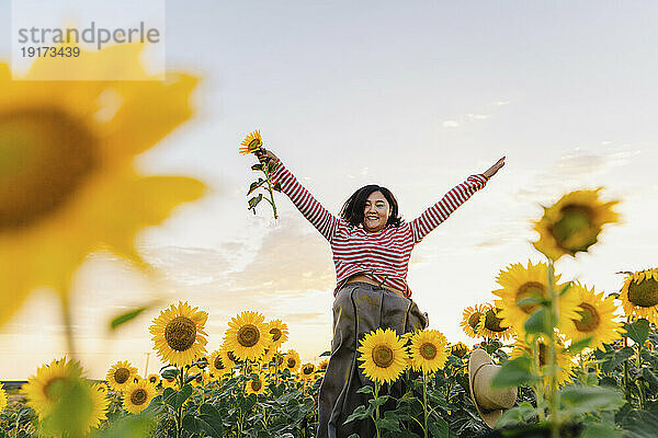 Fröhliche Frau inmitten von Sonnenblumen im Feld bei Sonnenuntergang